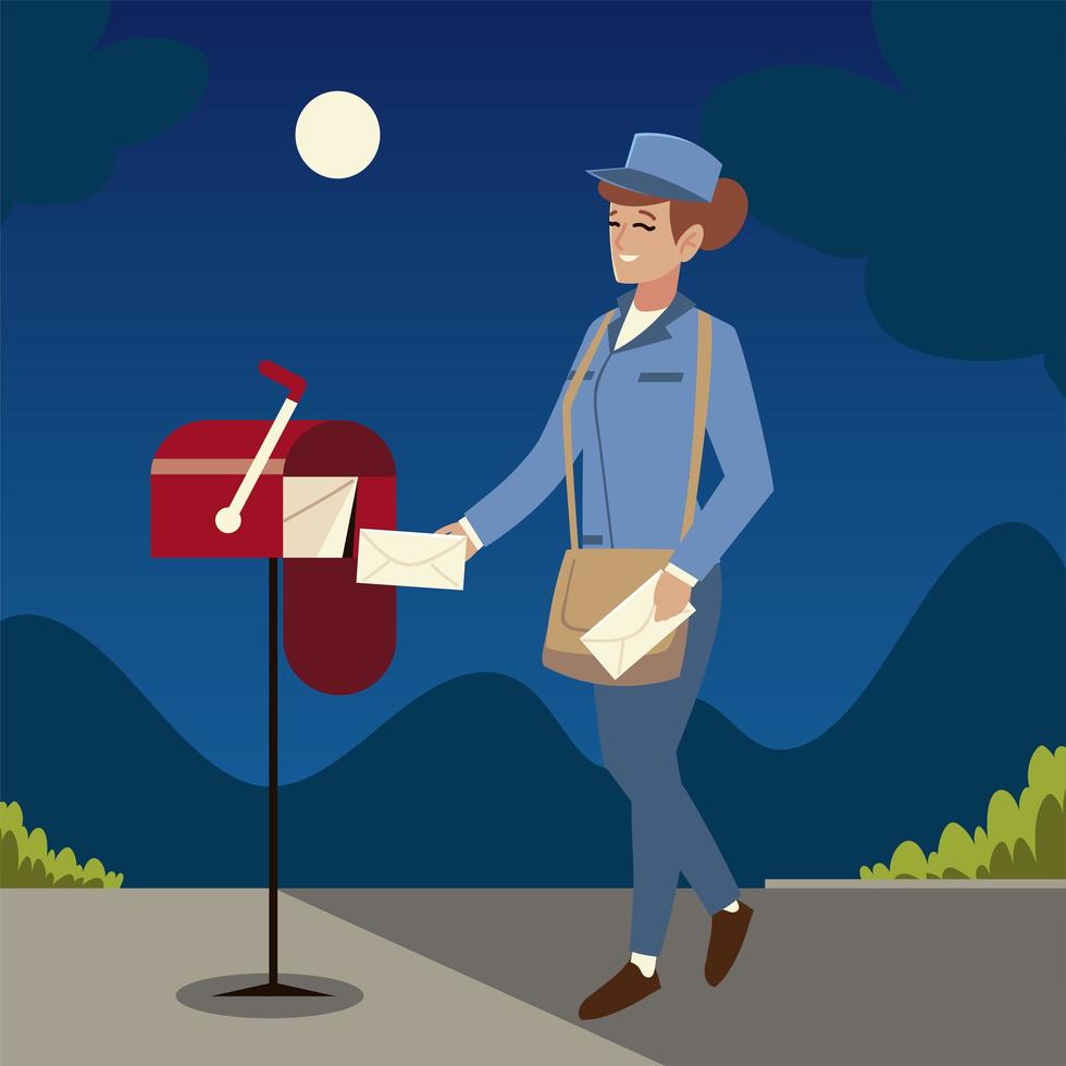 postal service, female worker with envelope work night vector