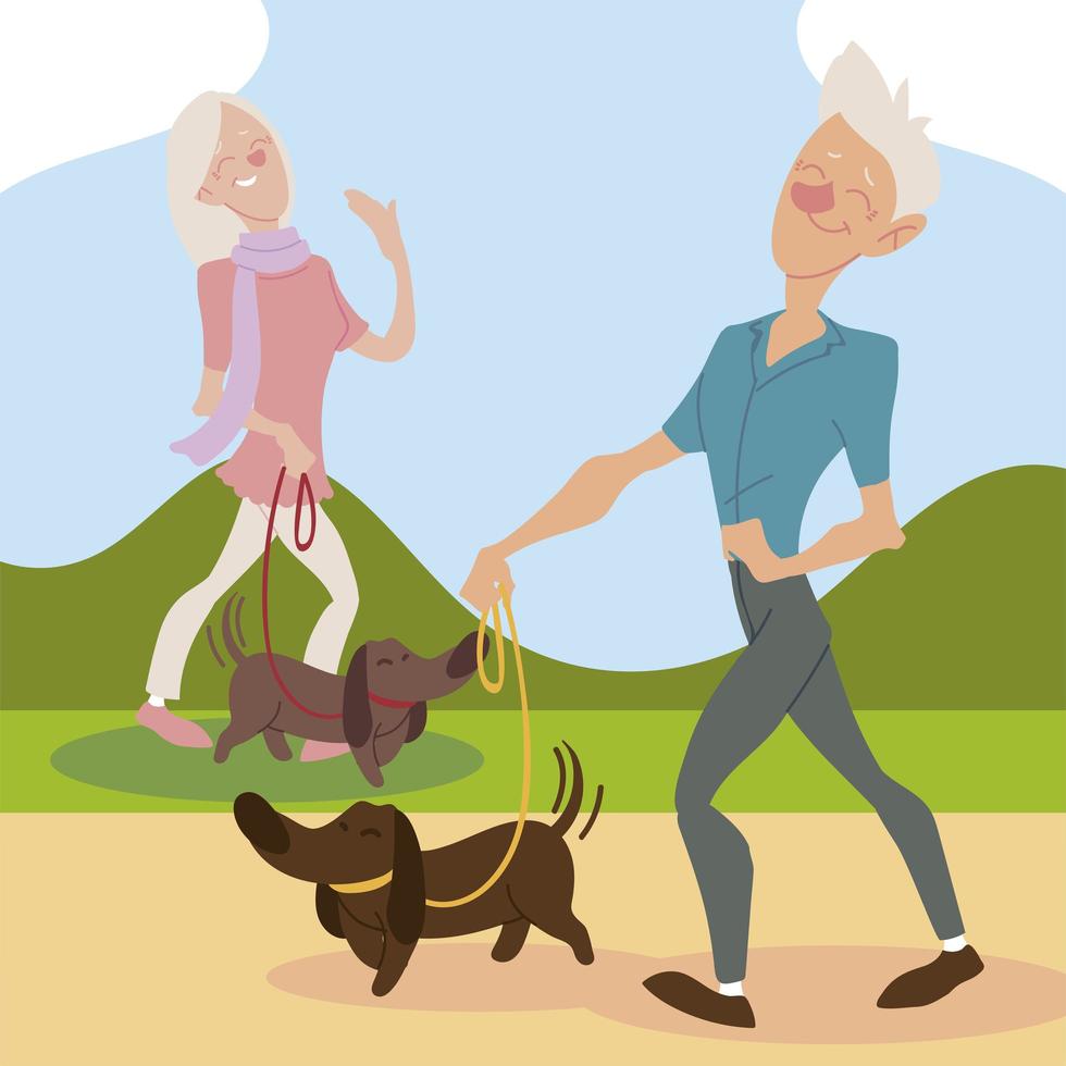 personas mayores activas, anciano y mujer caminando con perros vector