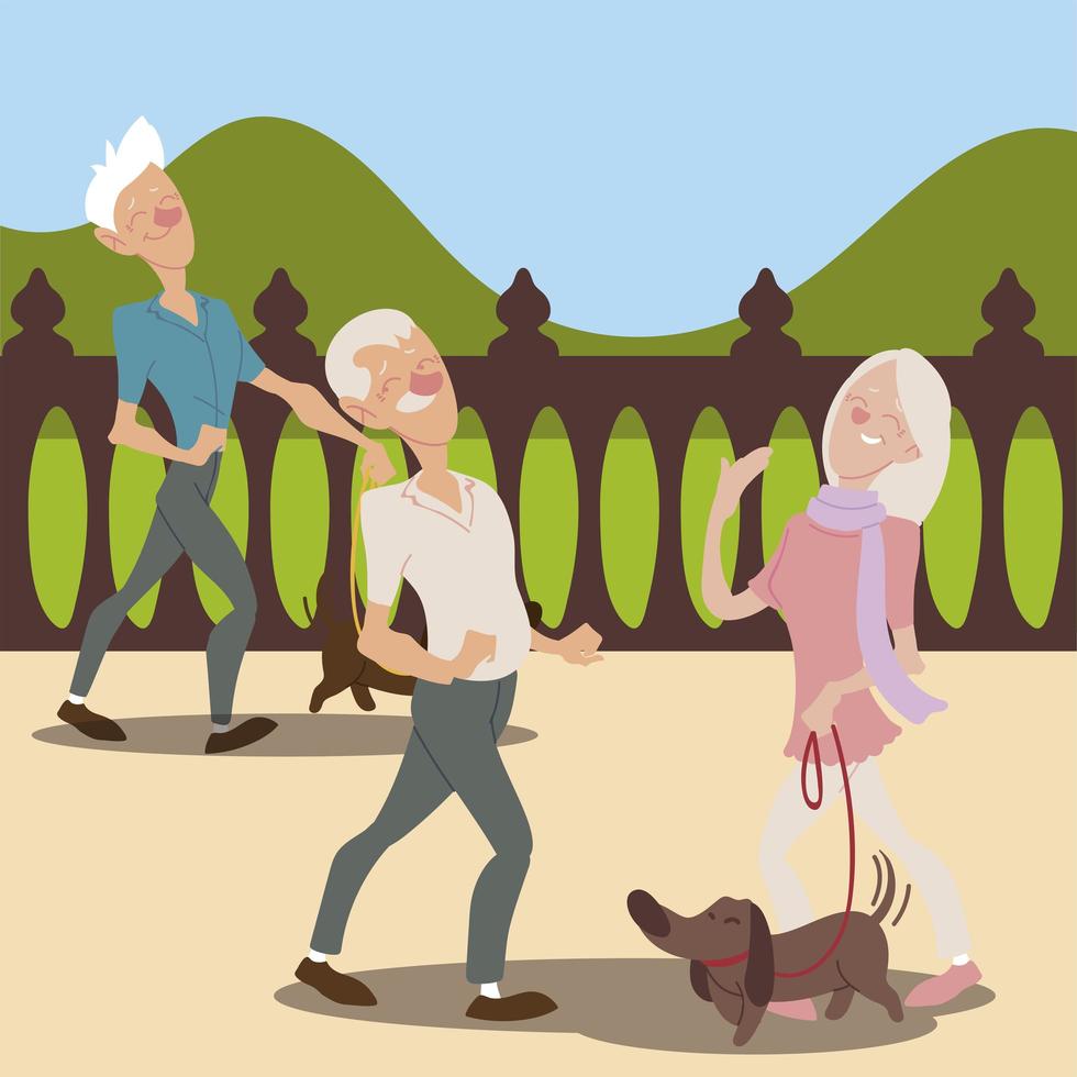 seniors active, elderly couple with dog and old man walking vector