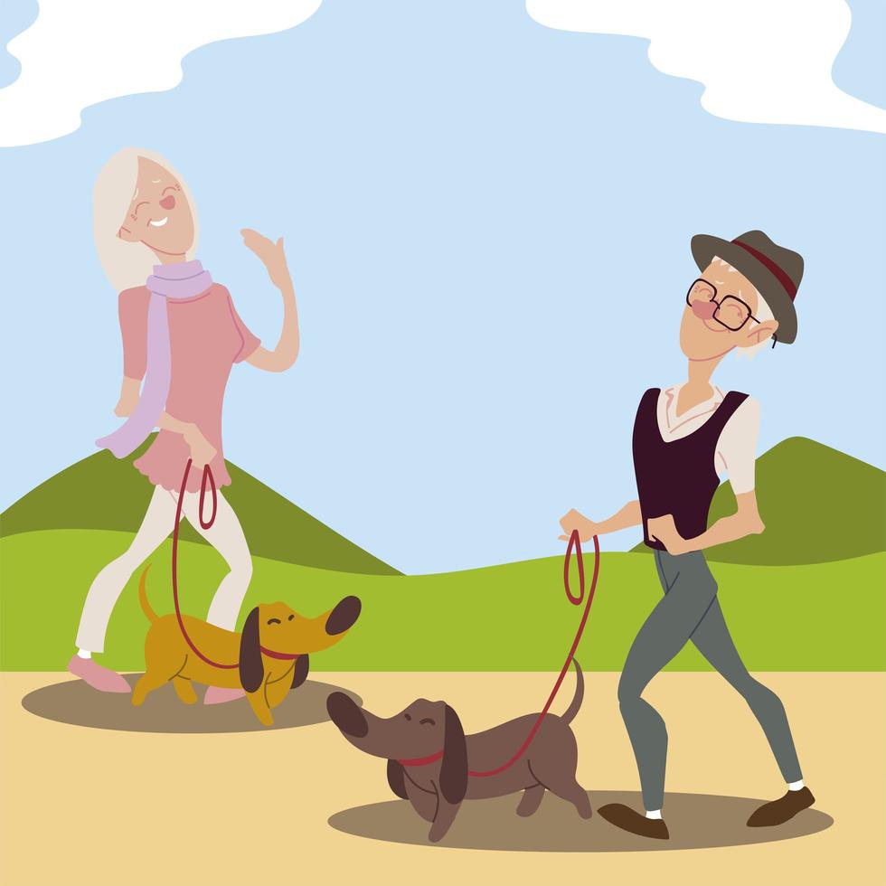 seniors active, old man and elderly woman walking with dogs vector