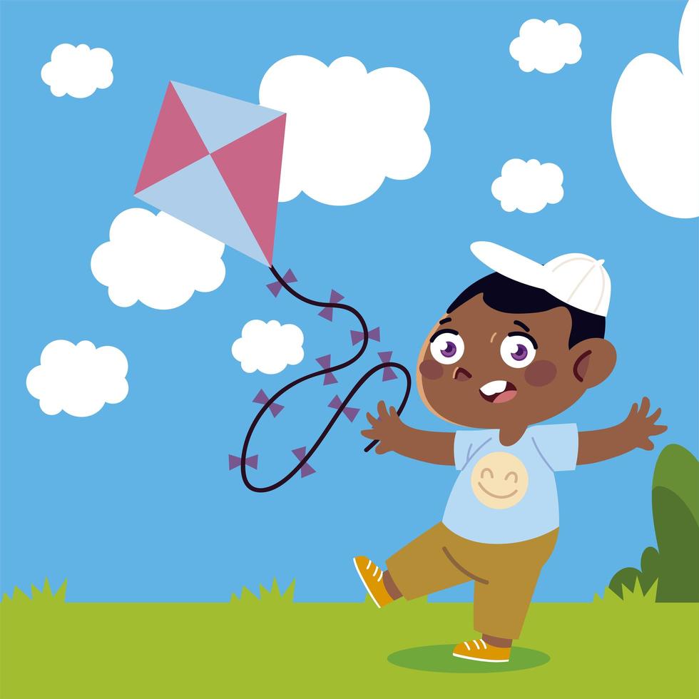 little boy playing with kite in the yard cartoon, children vector