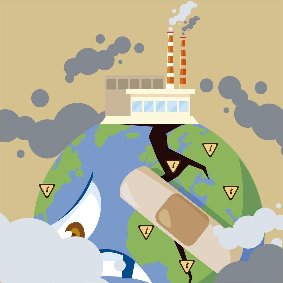 sad earth planet with factories producing smog, pollution vector