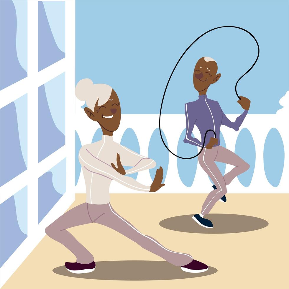 seniors active, old man practicing rope jumping and mature woman vector