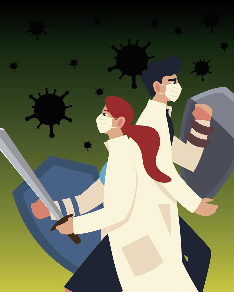covid 19 virus protection doctor with masks and shields vector design