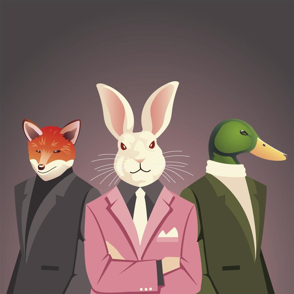 gente arte animal, conejo, pato y zorro en traje elegante ropa vector