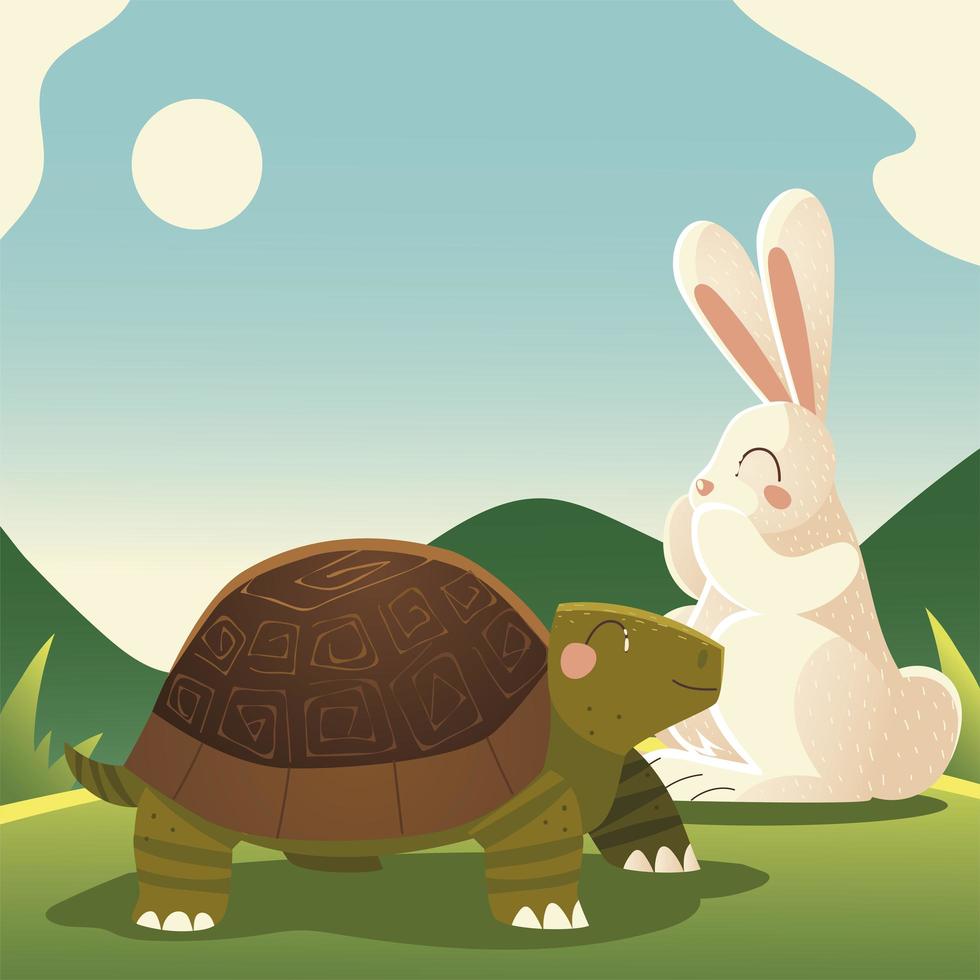 turtle and rabbit in the grass cartoon animals vector