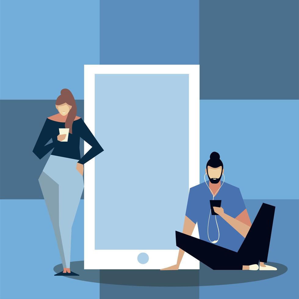 woman and man are standing near big smartphone and using mobile vector