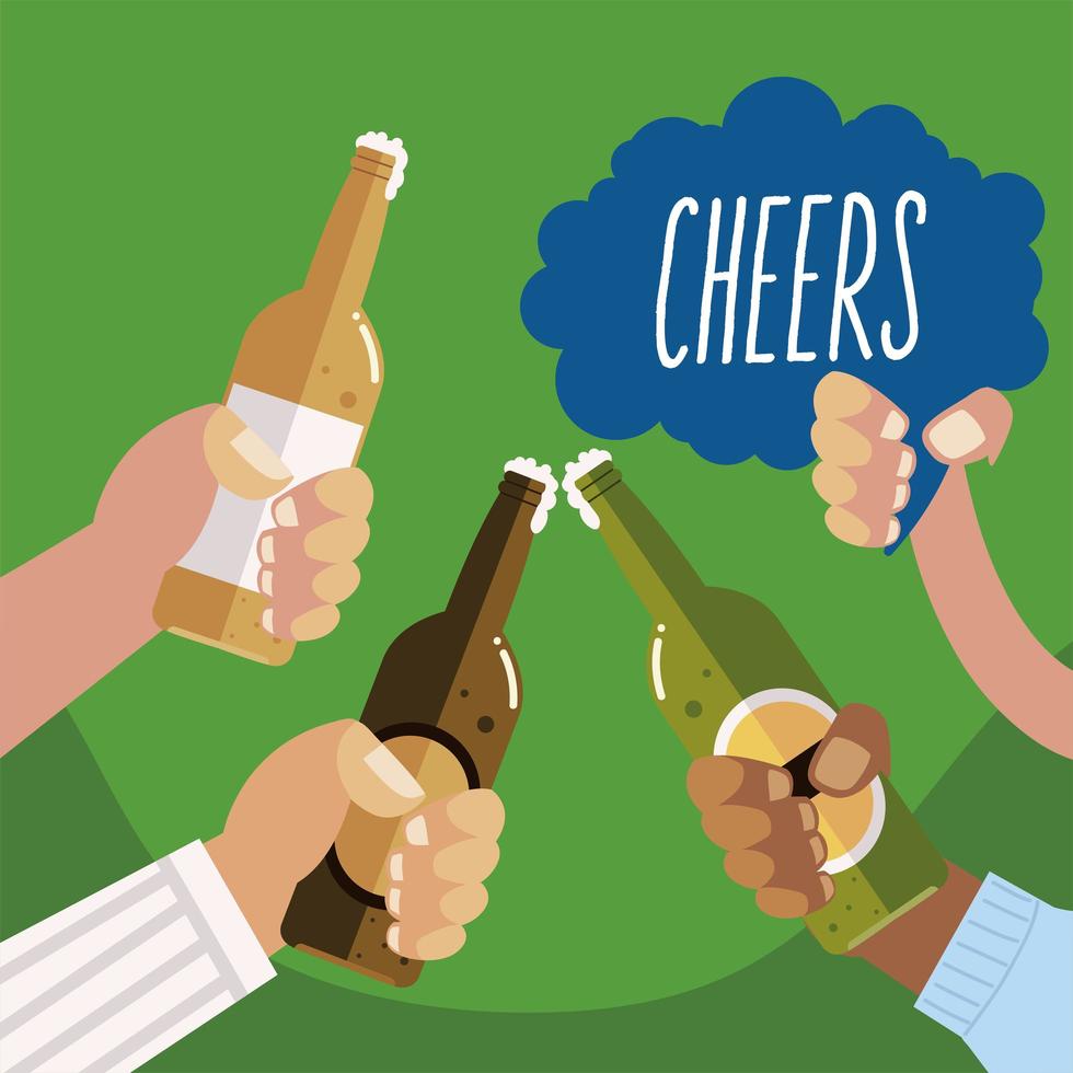 male hands holding lager beer bottles, cheers vector