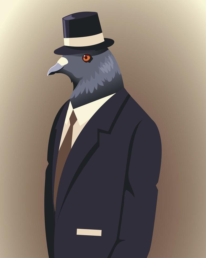 people art animal, portrait face dove with suit and hat fashion vector