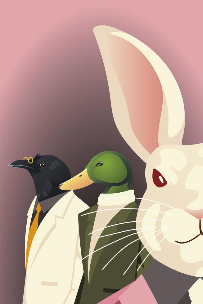 people art animal, faces rabbit duck and raven characters suit vector