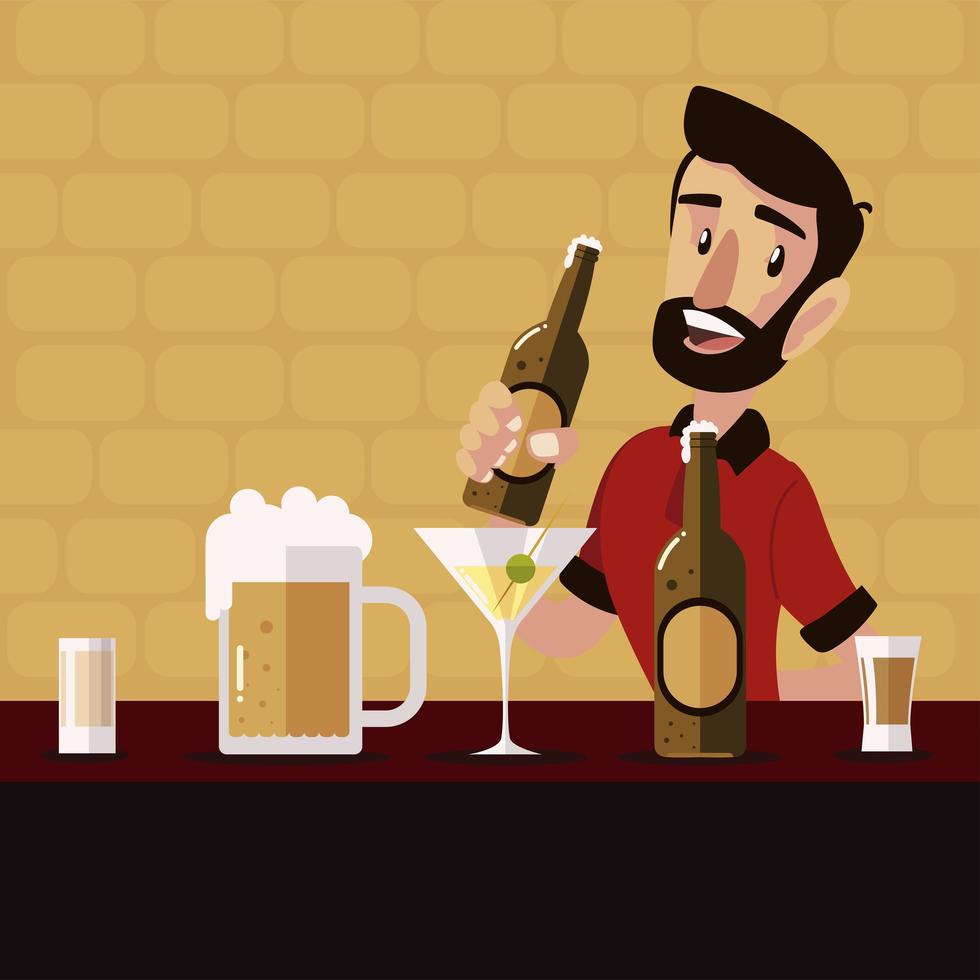 cartoon bartender holding beer bottle and drinks vector