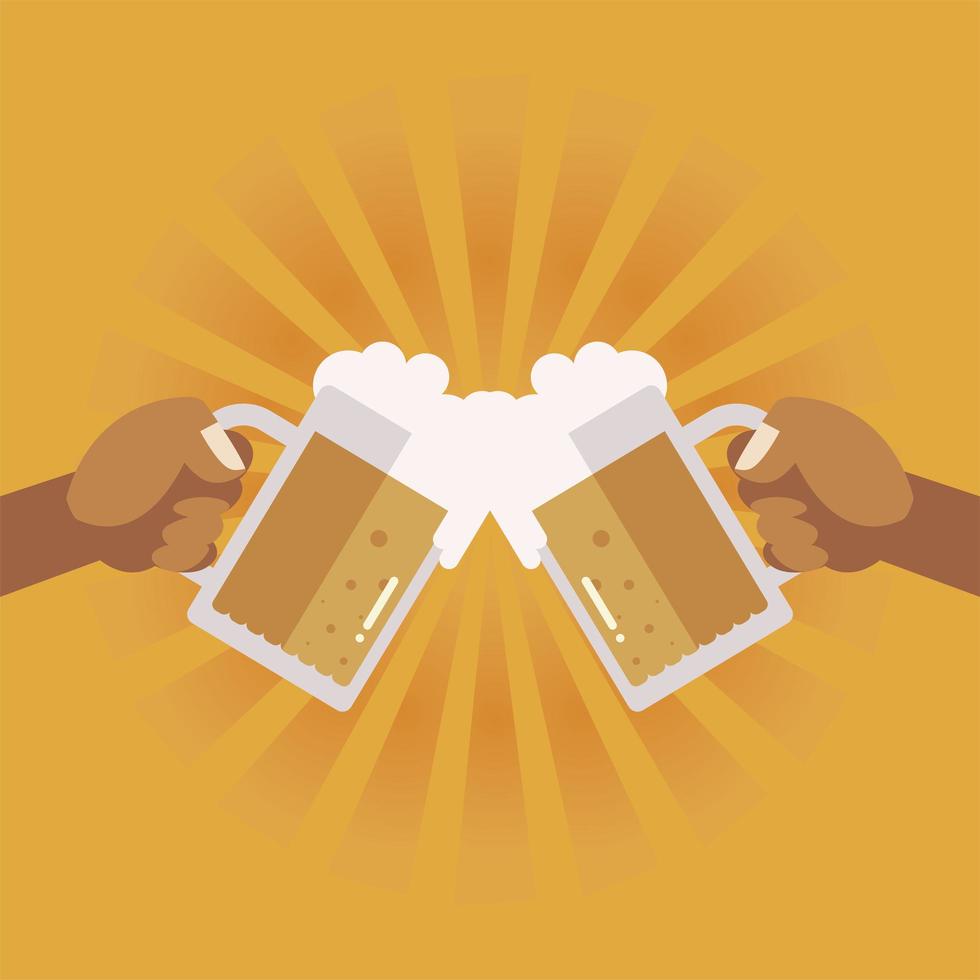 beer glasses mug in hands, cheers vector