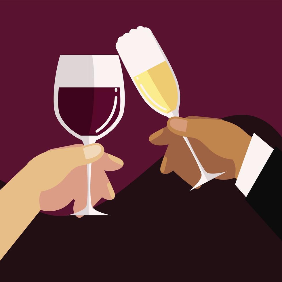 female and male hands with wine and champagne glass alcohol, cheers vector