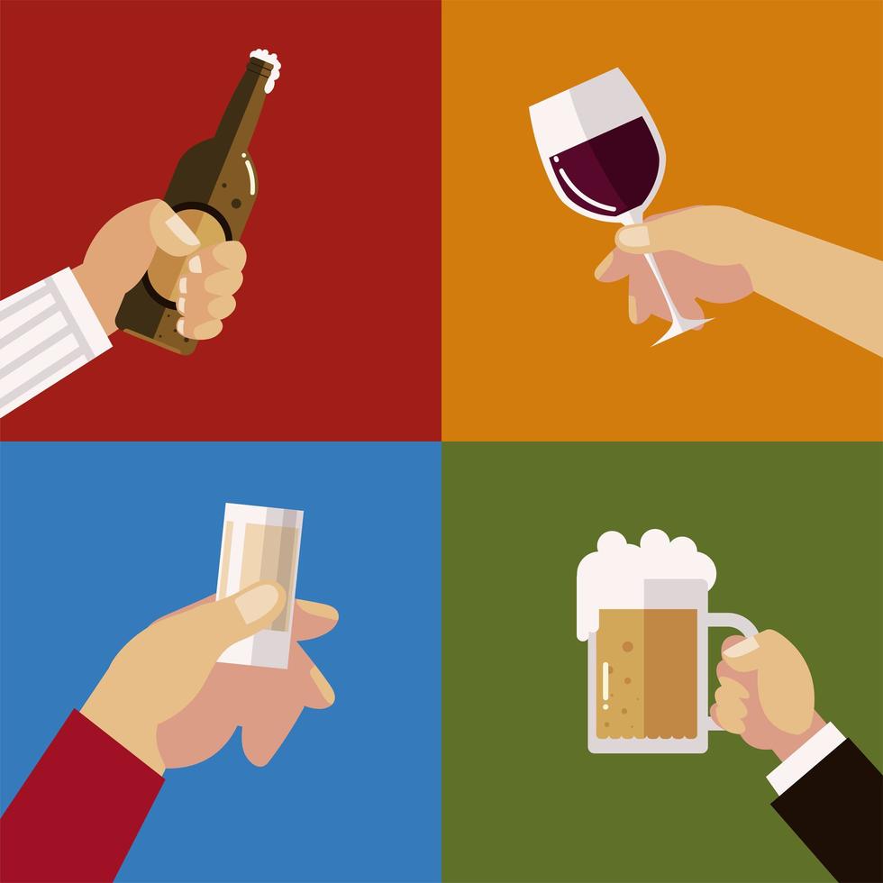 hands holds glasses cup bottle beer wine and cocktail drinks, cheers vector