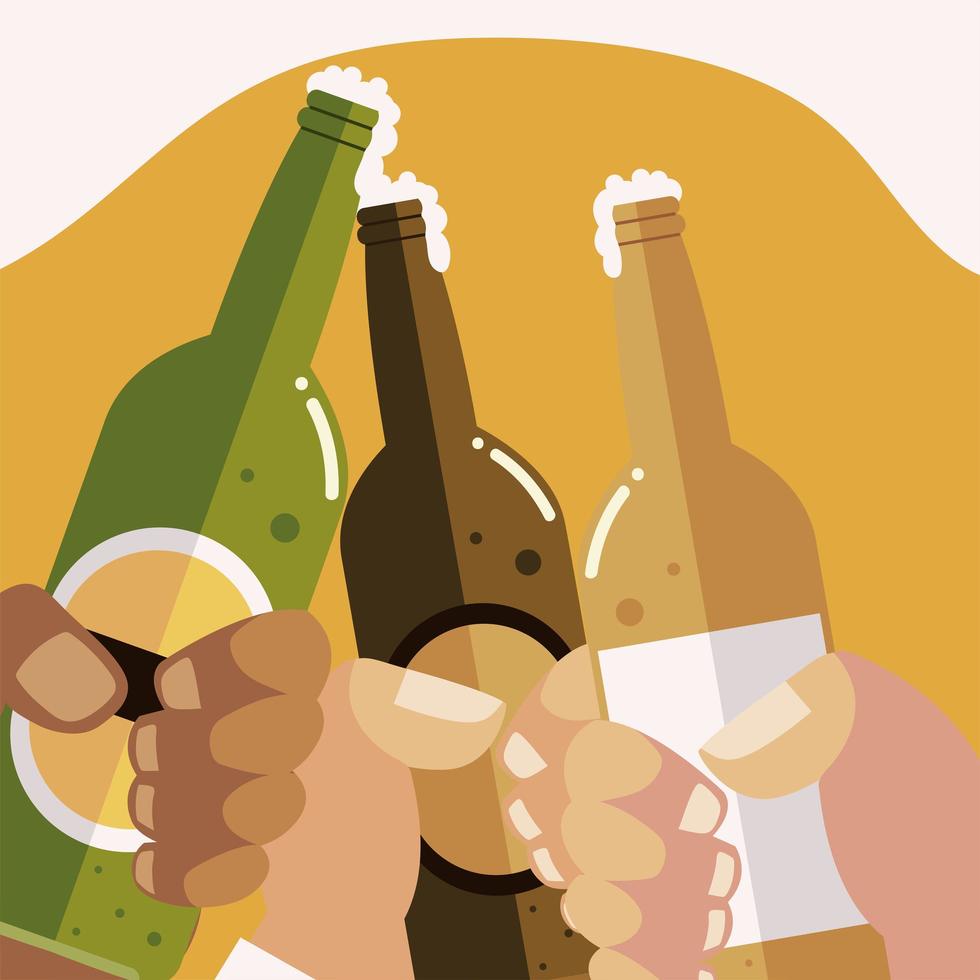 Diferentes manos sostiene botellas de cerveza, bebidas, saludos concepto vector