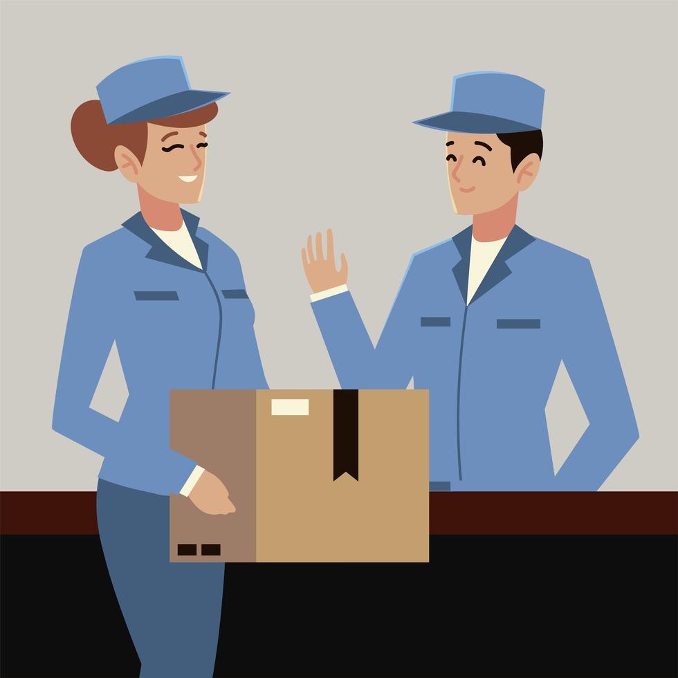 cartero del servicio postal y trabajadora con personajes de caja vector