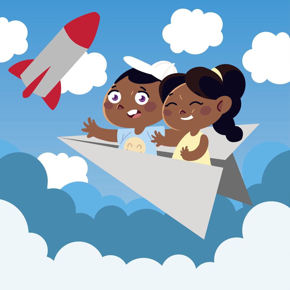 linda niña y niño en dibujos animados de avión de papel, niños vector