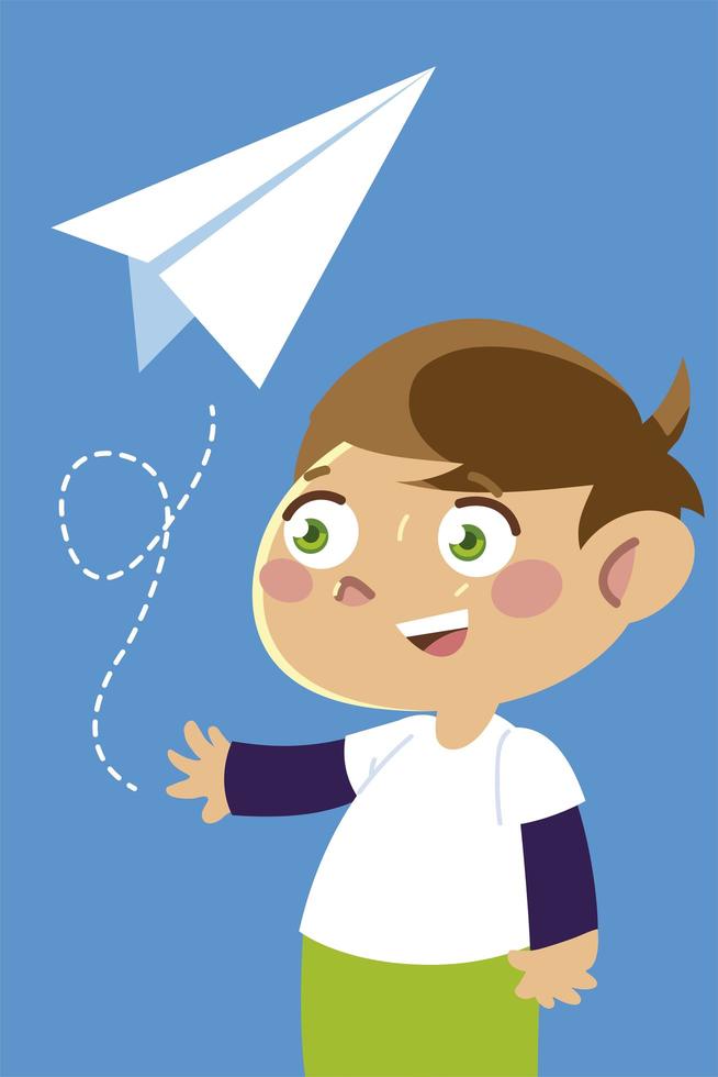 niño lindo jugando con dibujos animados de avión de papel, niños vector