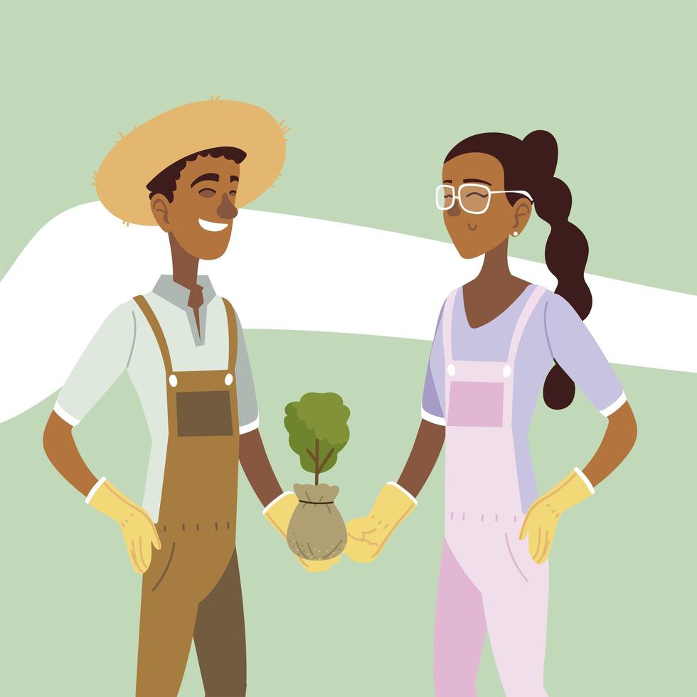 gardening, gardener couple holding plant in bag vector