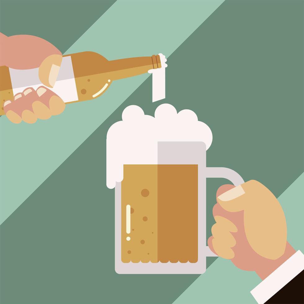 hands pouring beer in mug with foam alcohol, cheers vector