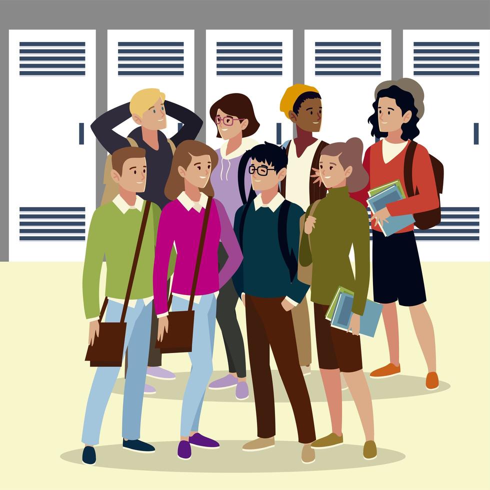 group university students with books and bags, cartoon style vector