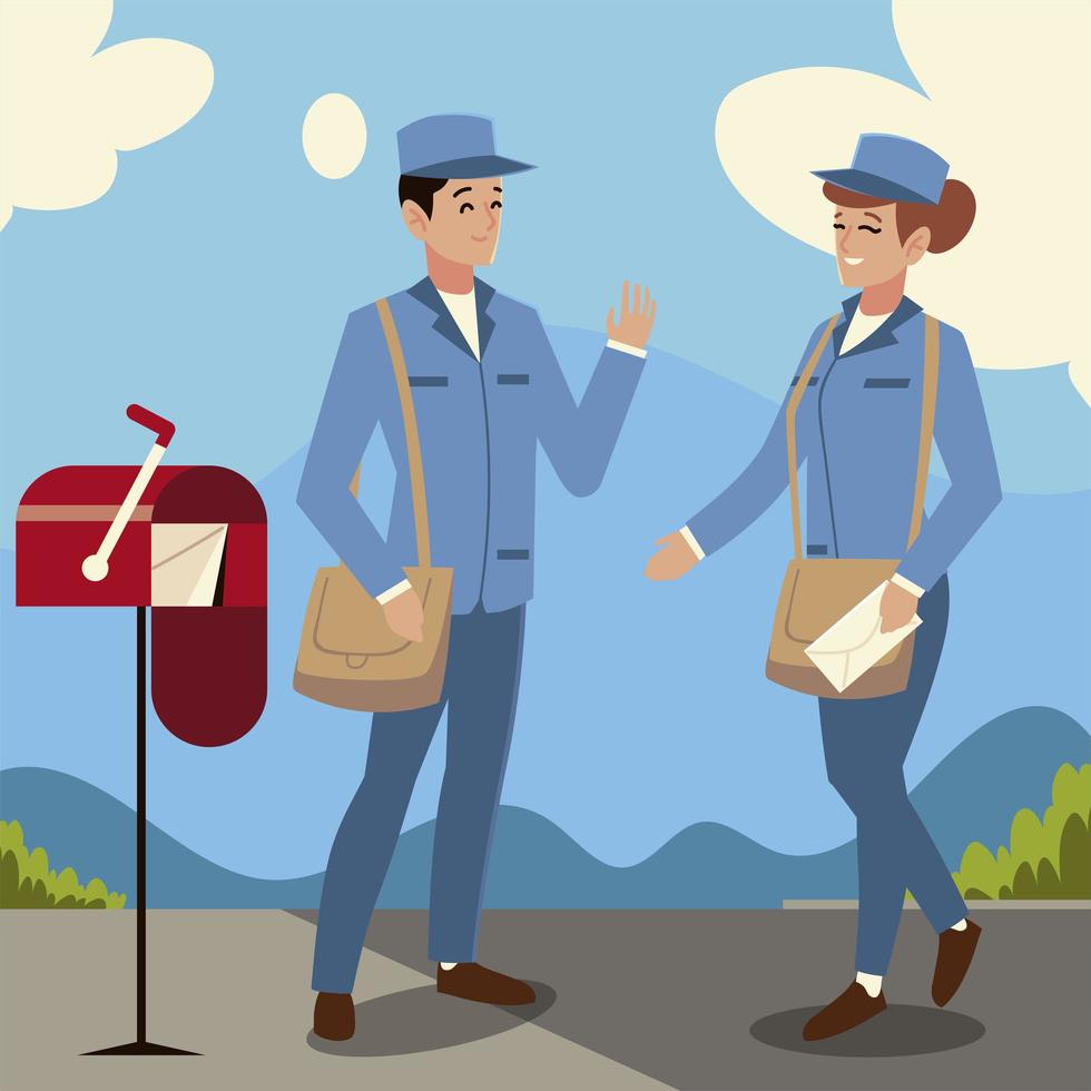 postal service postman and woman character mailbox vector