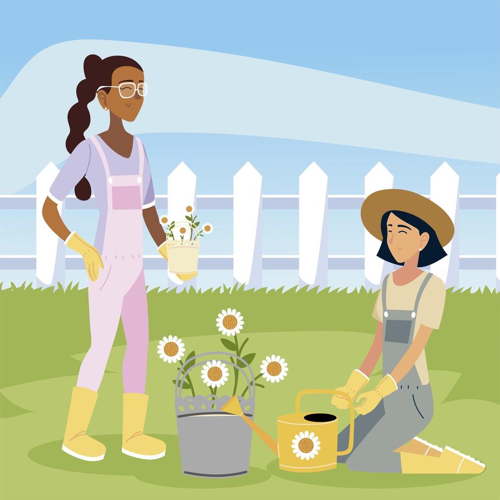 jardinería, mujer joven regadera flores margaritas vector