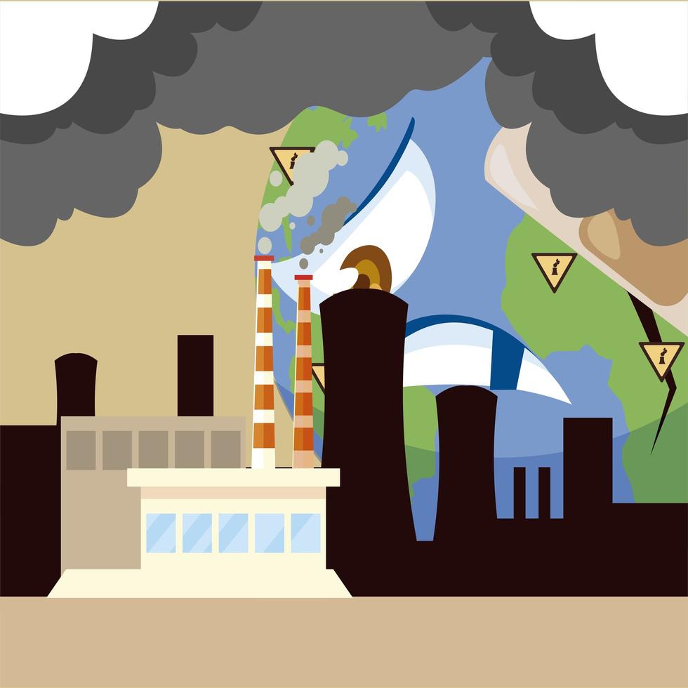 sad planet polluting factories, bad impact on ecology and nature vector