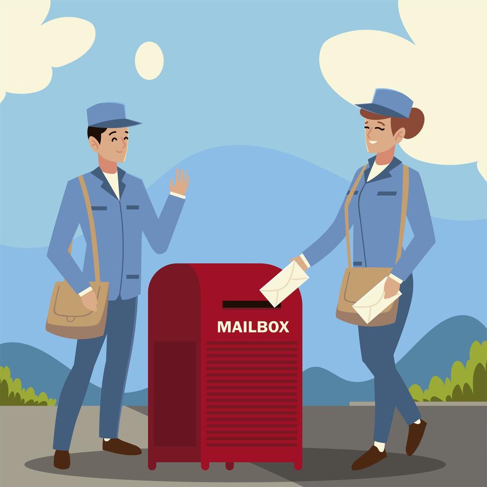 postal service postman and woman mailbox envelopes city street vector