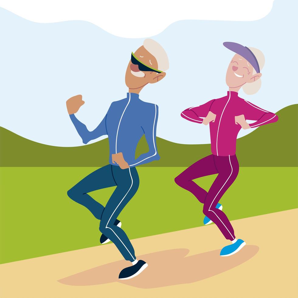 seniors active, old man and woman jogging characters vector