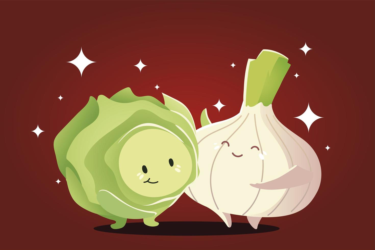 vegetables kawaii cute cartoon happy onion and cabbage vector