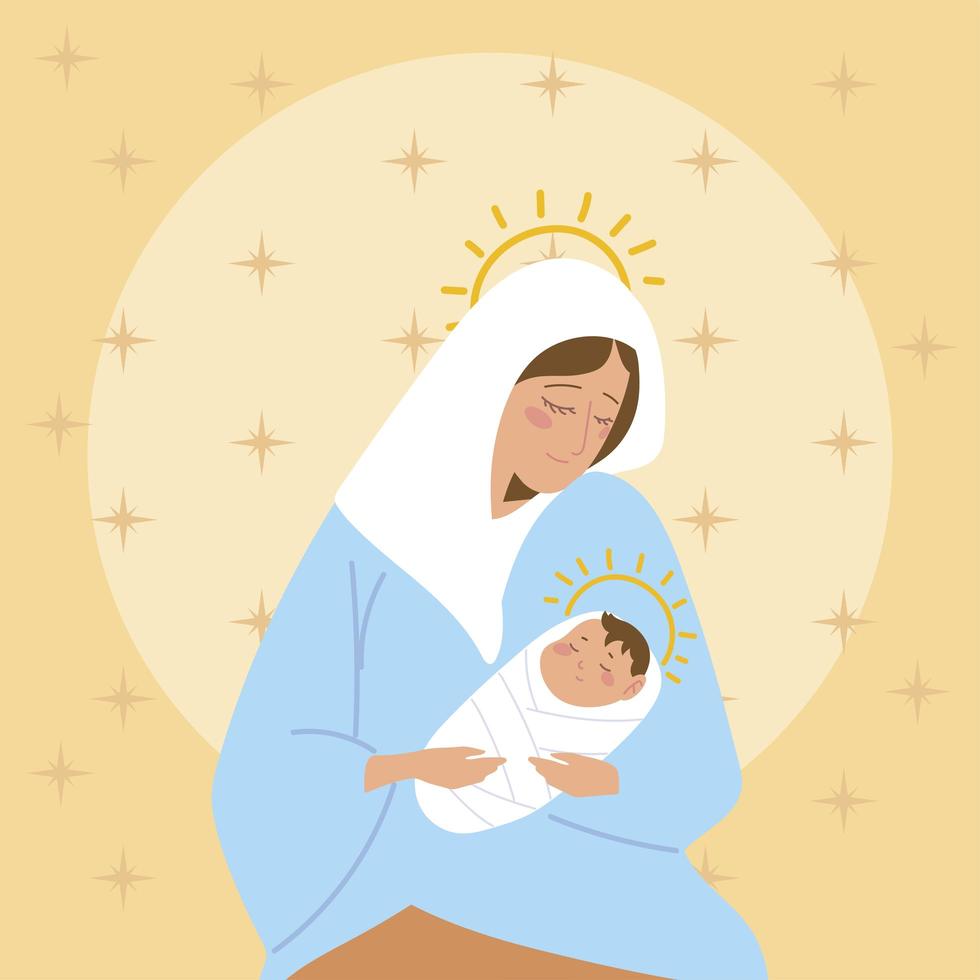 nativity cute mary and baby jesus together manger vector