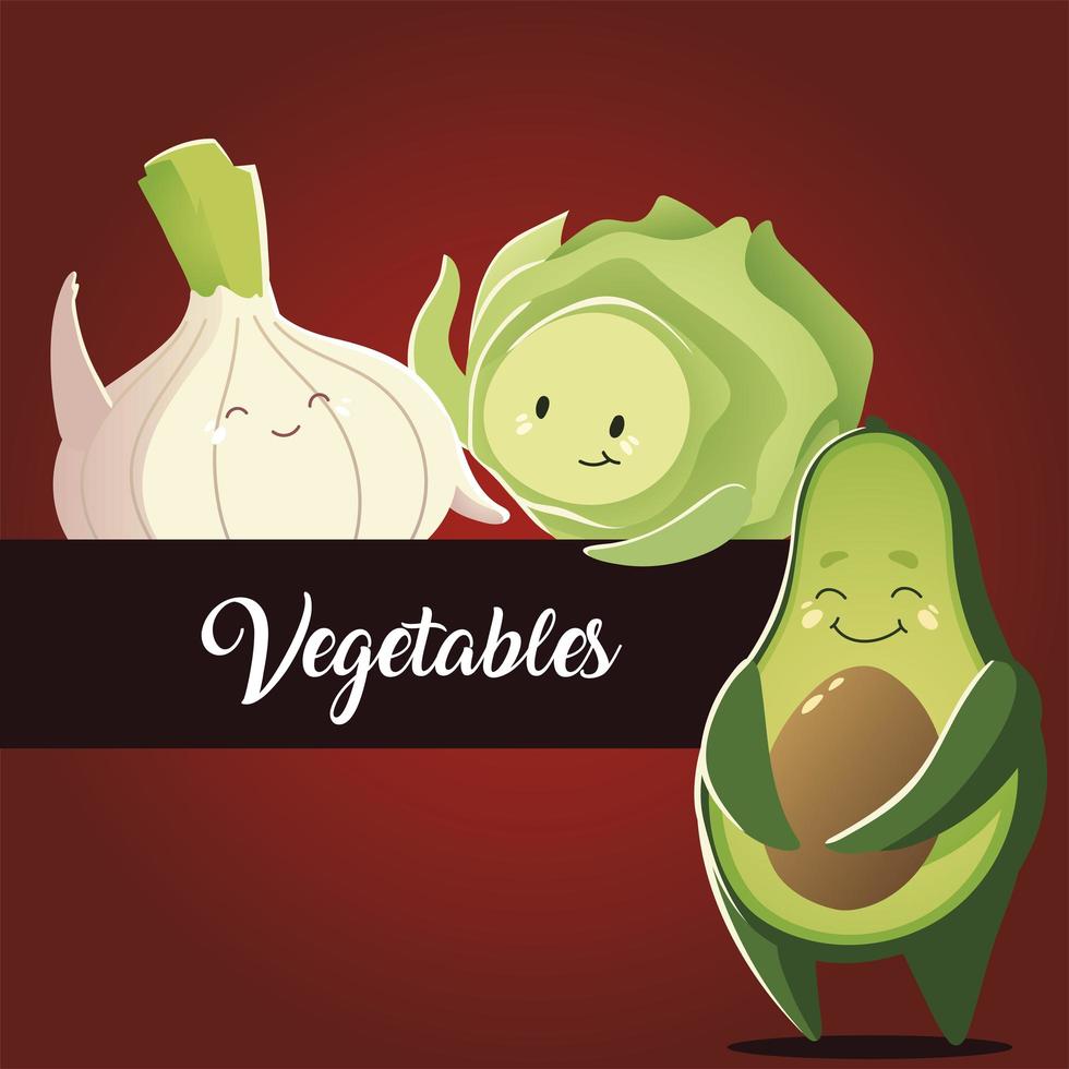 verduras kawaii lindo cebolla col y aguacate estilo de dibujos animados vector