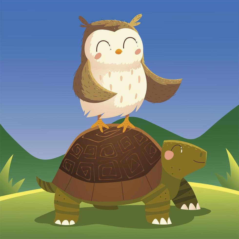 cartoon animals owl on turtle in the grass nature vector