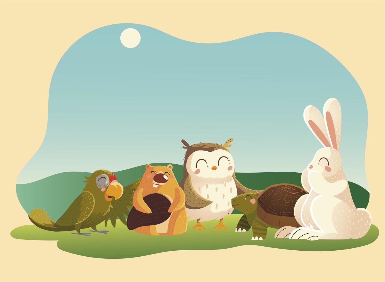 cartoon animals beaver rabbit owl parrot and turtle in the grass vector