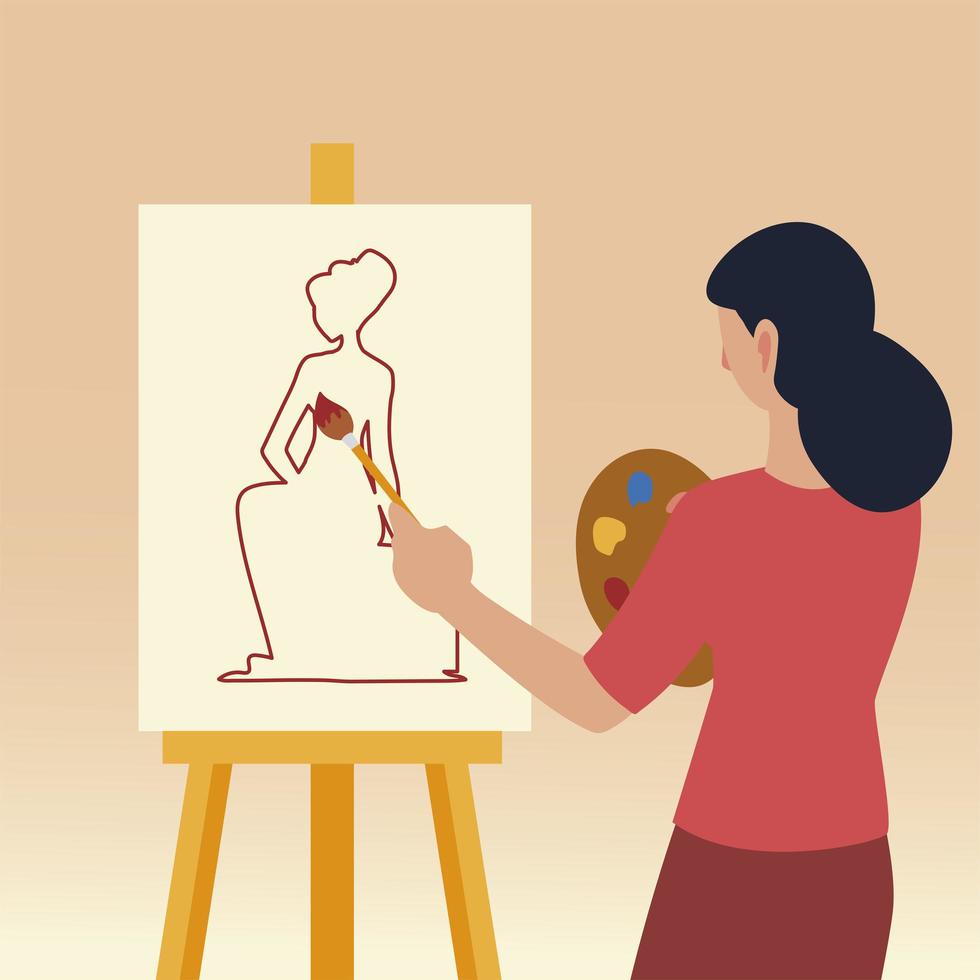 arte de la clase de pintura, mujer estudiante pintando dibujo modelo femenino vector