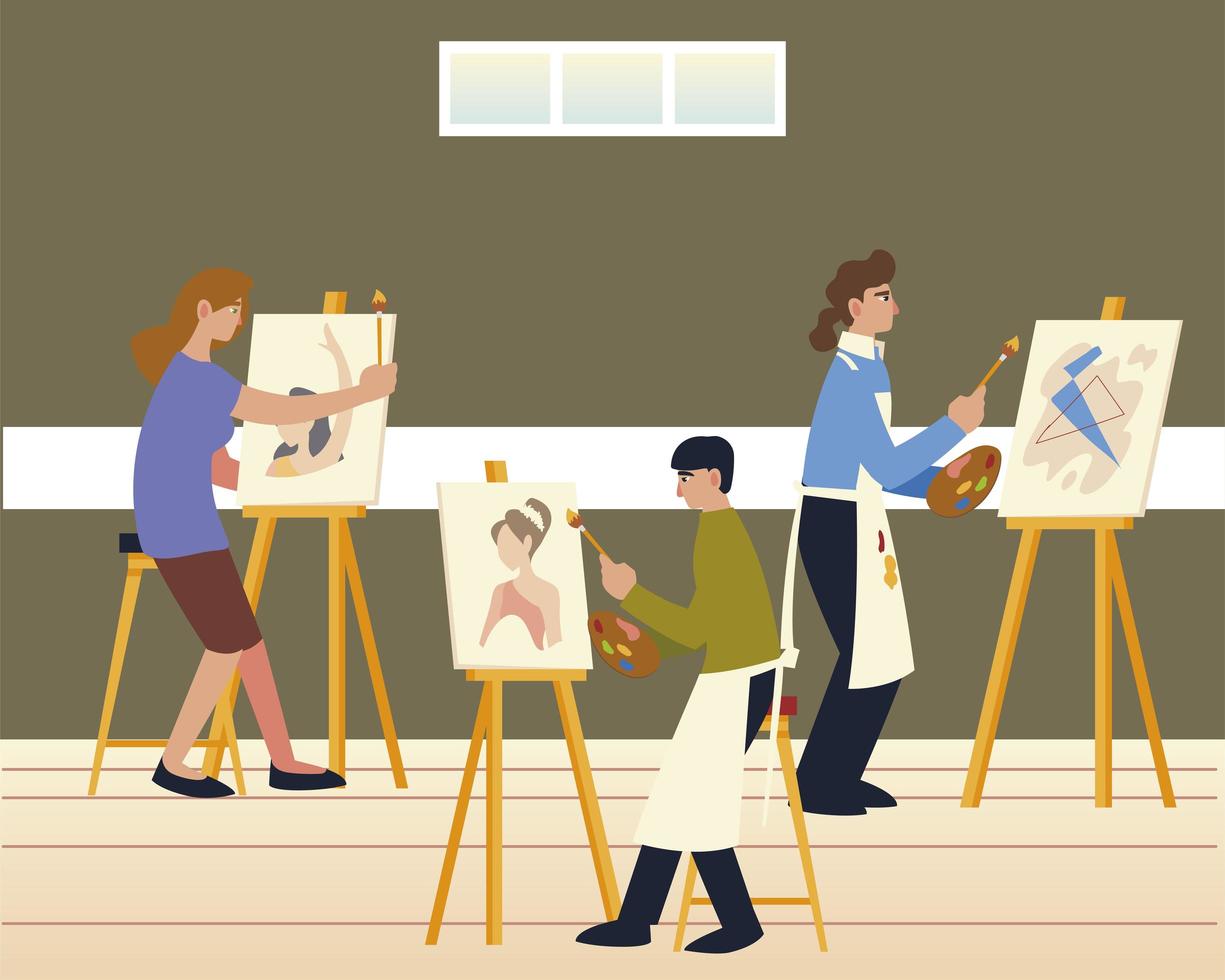 paint class, men and woman painting on canvas at easel vector