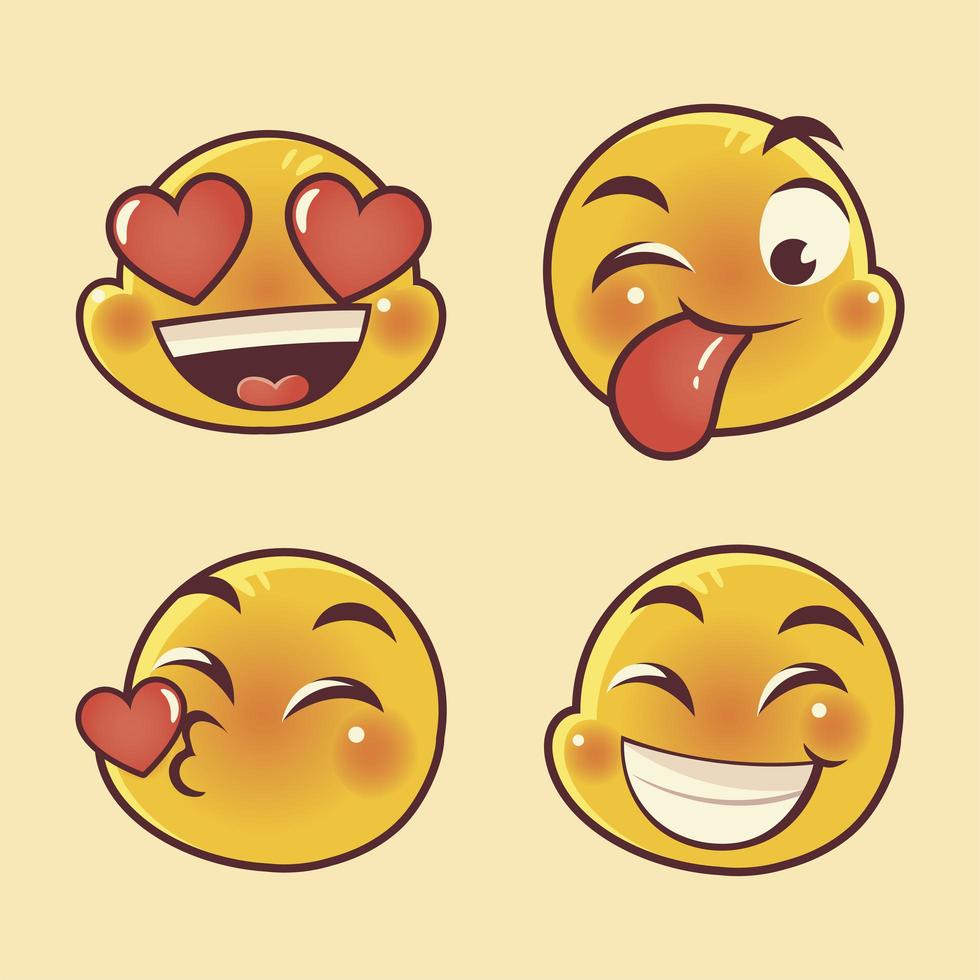 emoji caras expresión divertido amor feliz y conjunto sorprendido vector