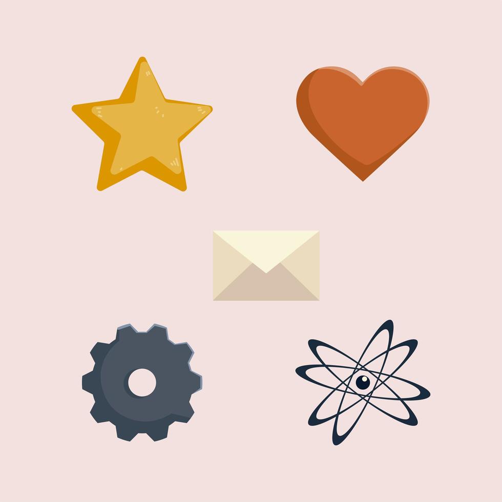 Conjunto de iconos web corazón correo electrónico estrella molécula y engranaje vector