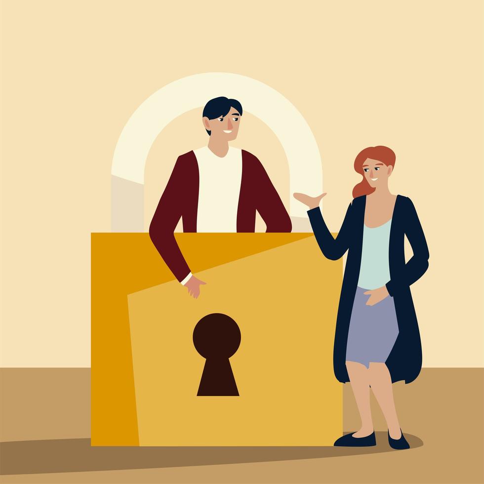 man and woman characters with big padlock design vector