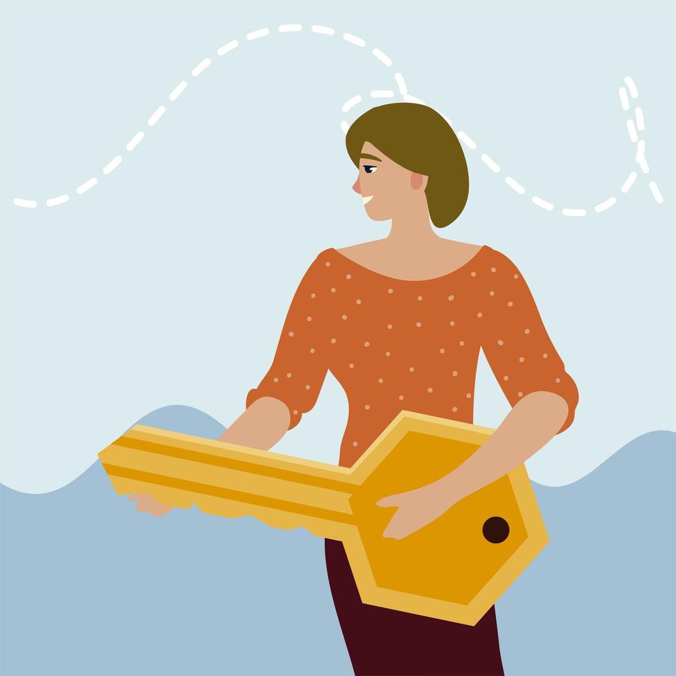 woman with huge key in hands cartoon character vector