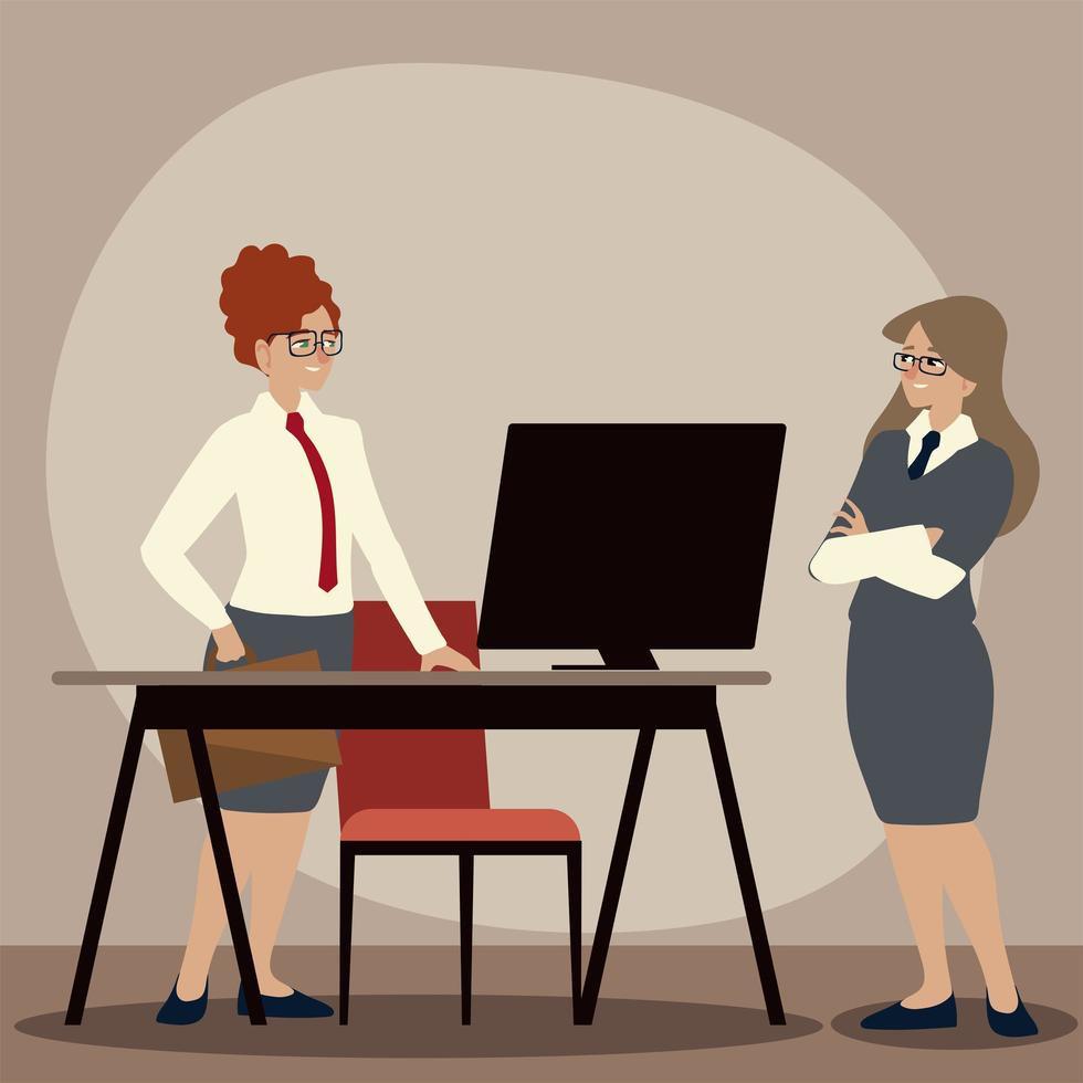 business woman with folder desk and computer work office vector