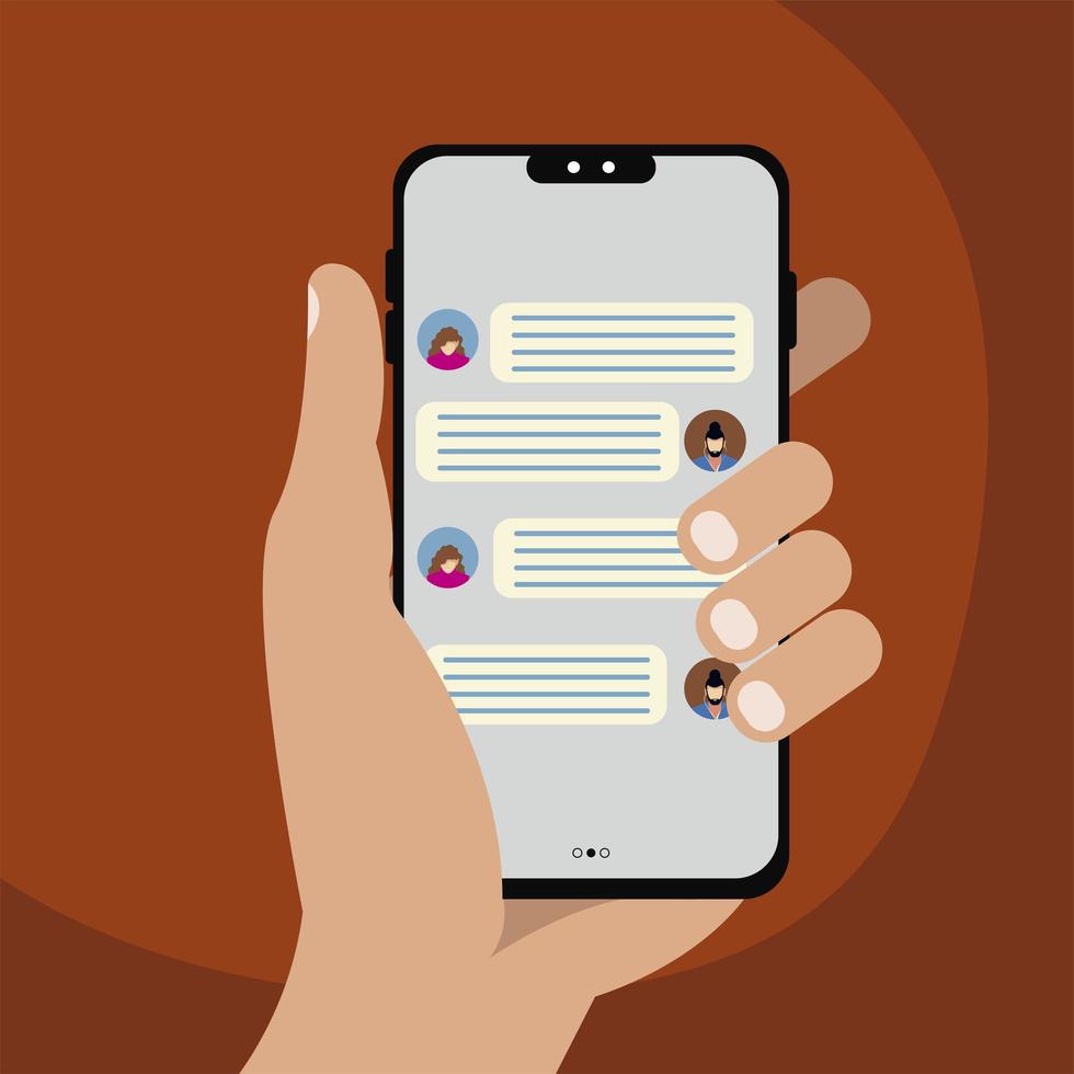 hand holding smartphone with chat bubbles on screen vector