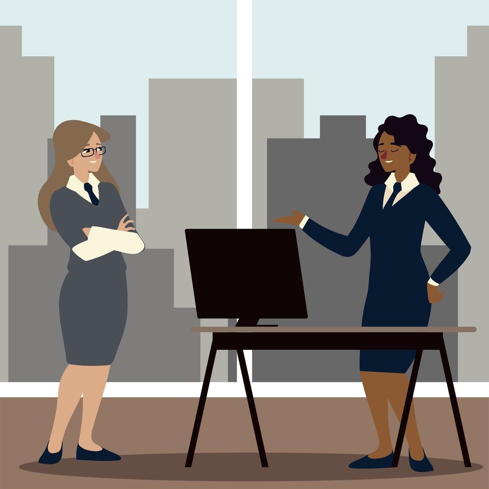 business women in workspace with desk and chair vector