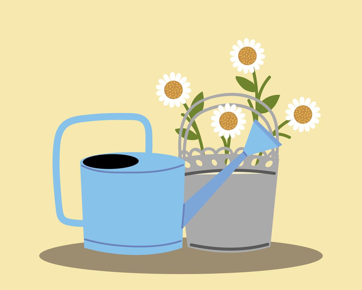 gardening, watering can and flowers in pot decoration vector