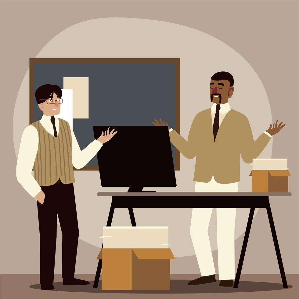 business people, businessmen in office talking and working vector