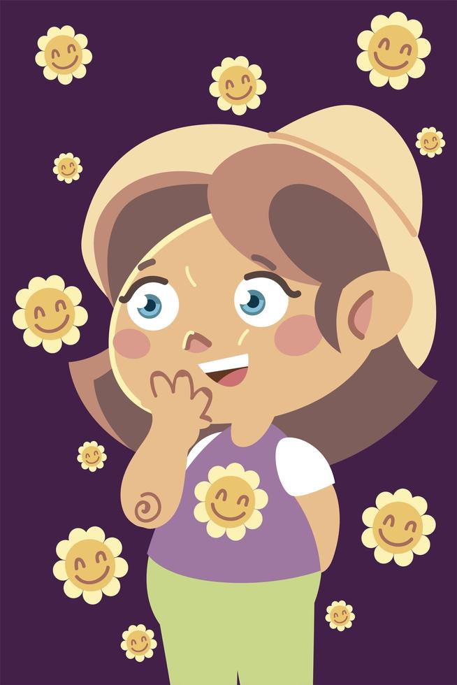 cute little girl with hat and funny flowers cartoon, children vector