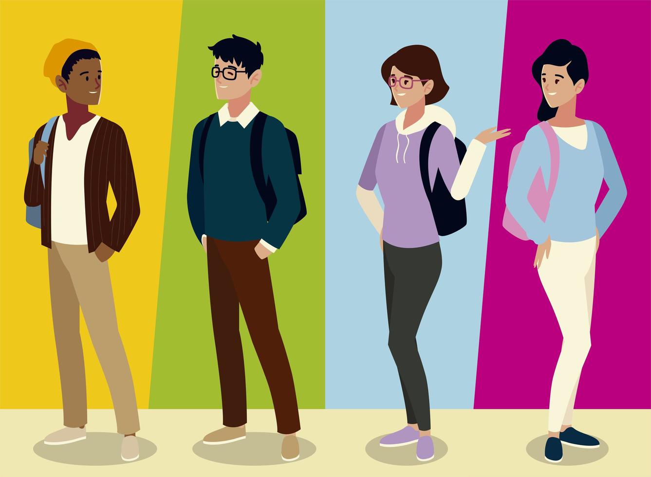 students male and female characters with backpacks, colored background vector