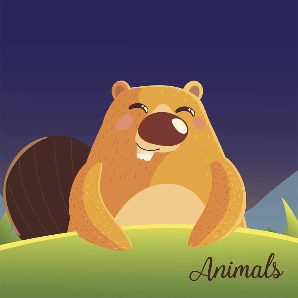 Castor de dibujos animados con texto de animales en la hierba vector