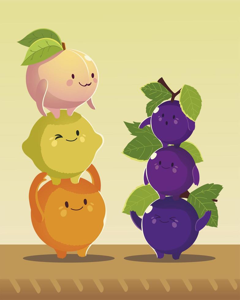 fruits kawaii funny face happiness grapes peach orange and lemon vector